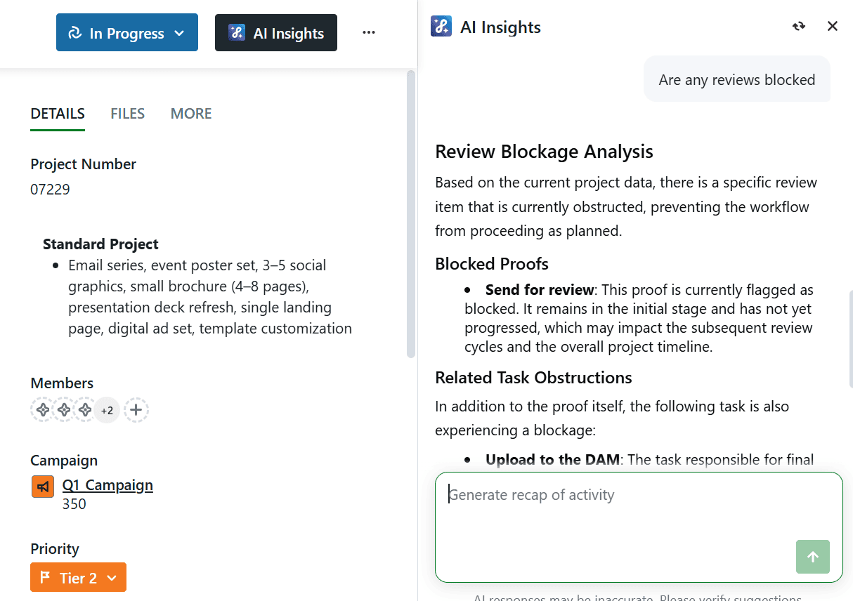 Image of a project and An AI prompt asking is any reviews are blocked with the results