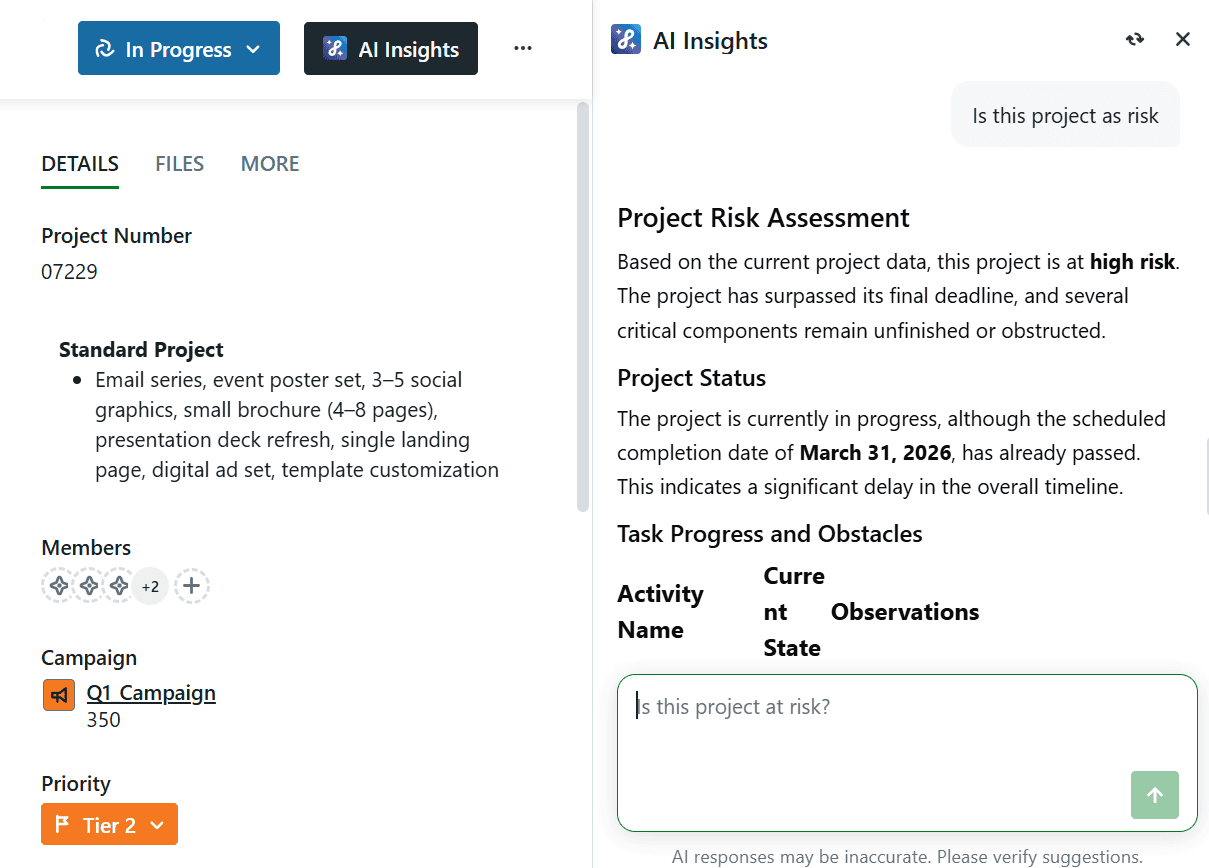 image of a project with an AI prompt asking if the project is at risk with the results