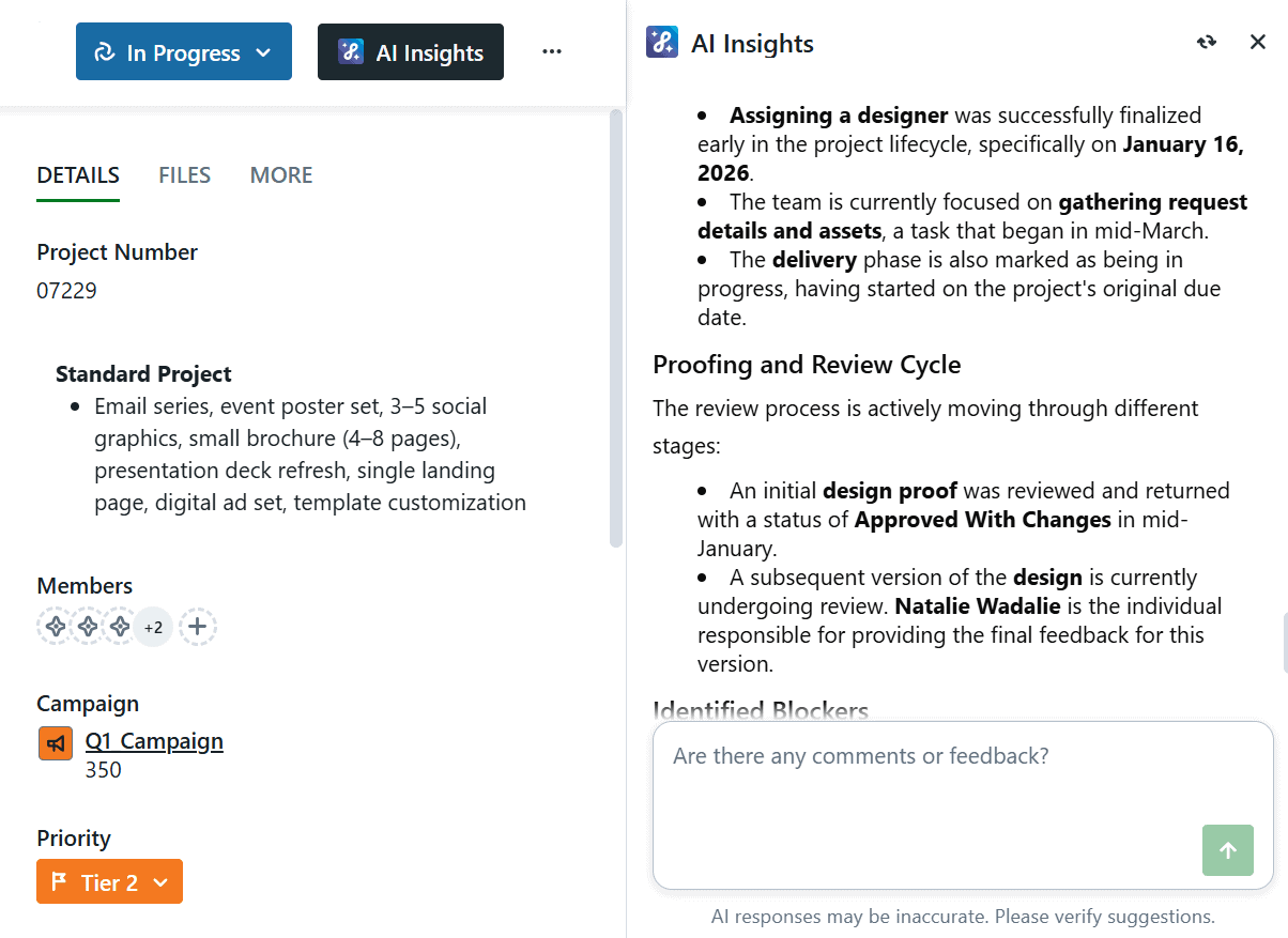 Image of a project and an AI prompt asking to summarize recent activity with the results