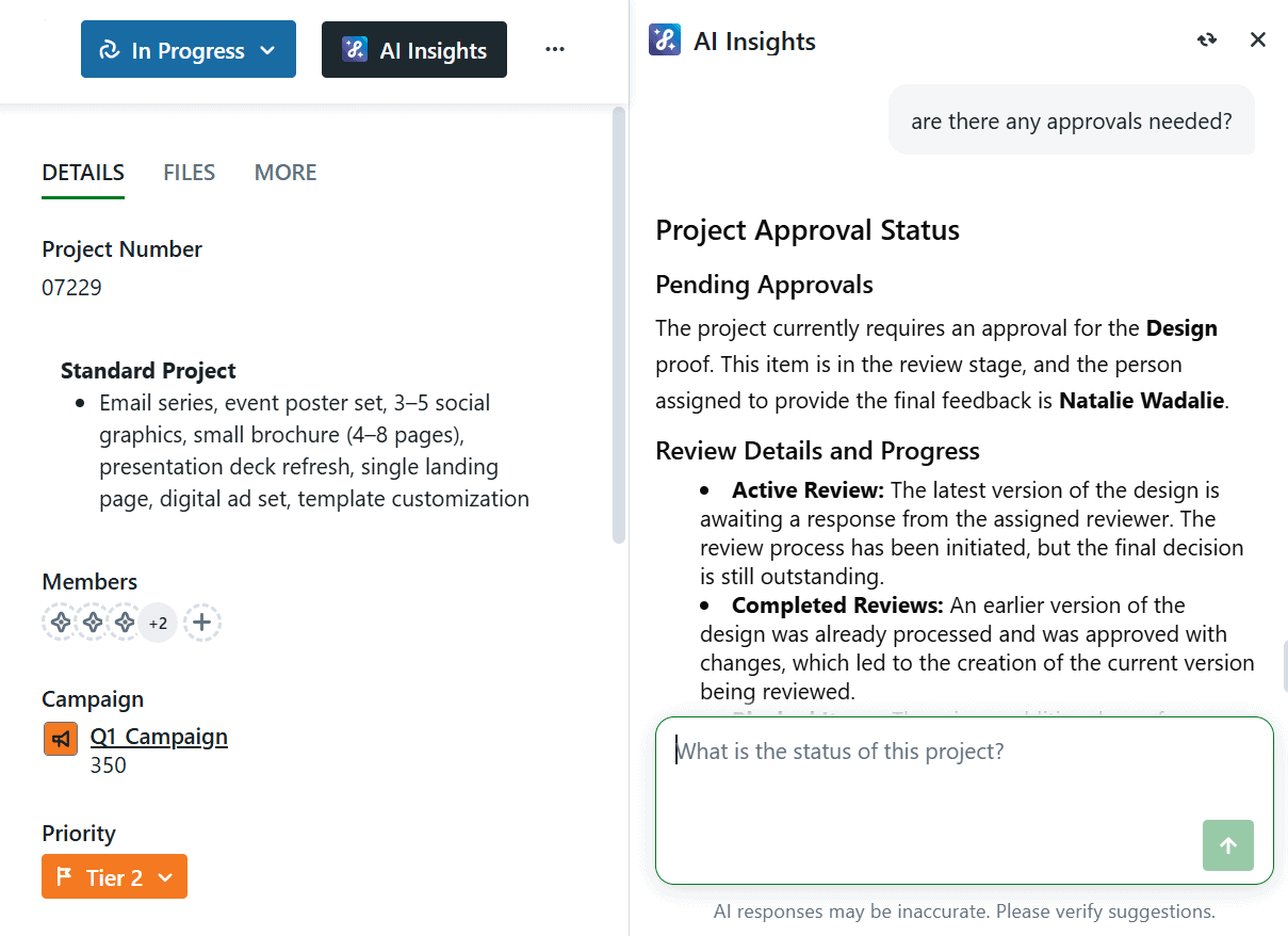 Image of a project and an AI prompt asking if any approvals are needed with the results.
