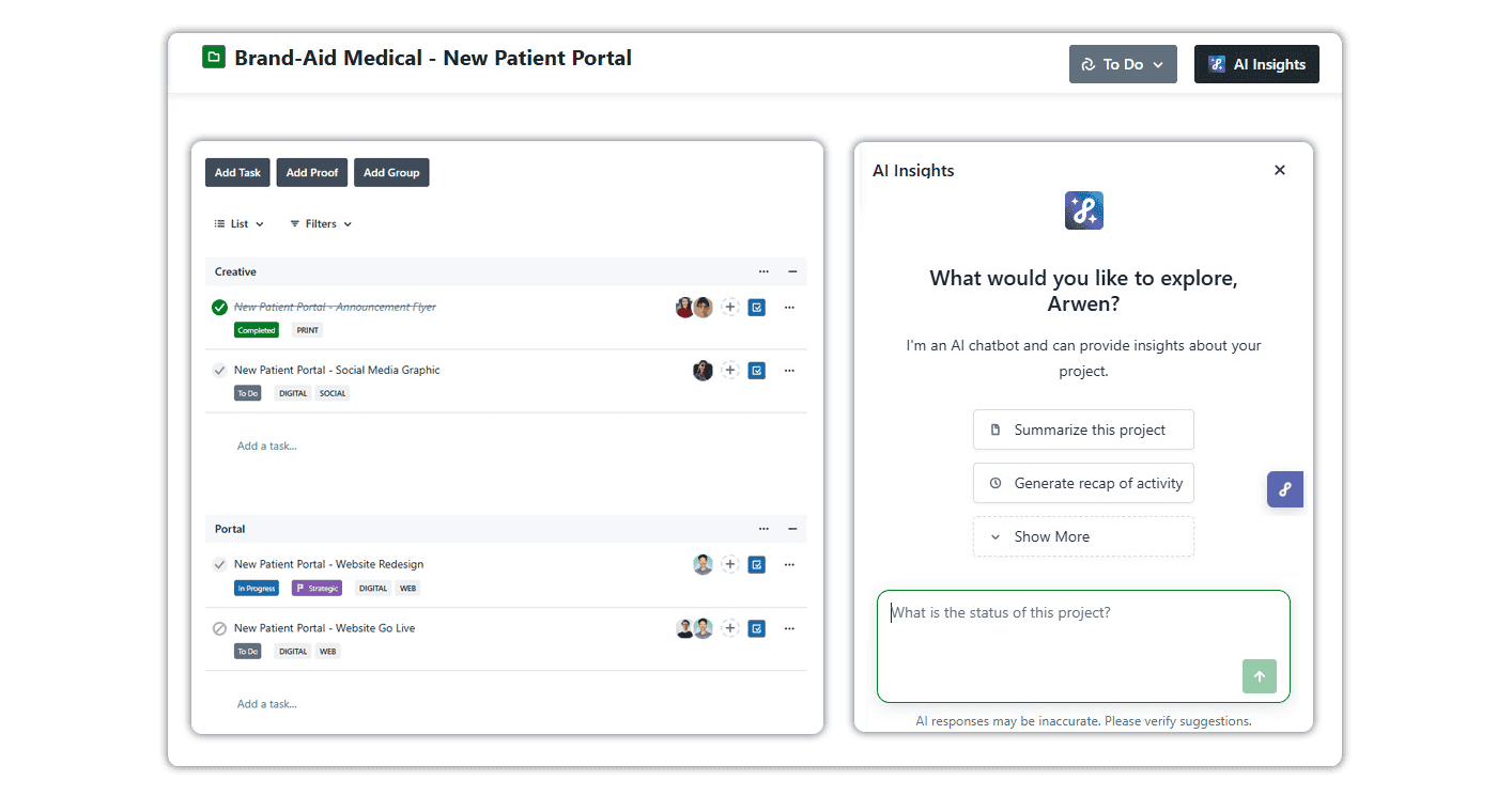 Image of a project in workflow with AI project insights as a side panel