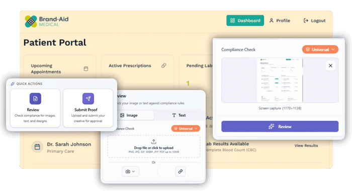 Screenshots of the Lytho Chrome extension inside a brand-aid patient portal.