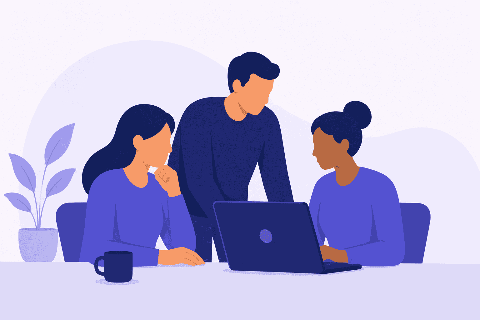 Illustration of three people huddles around a laptop.