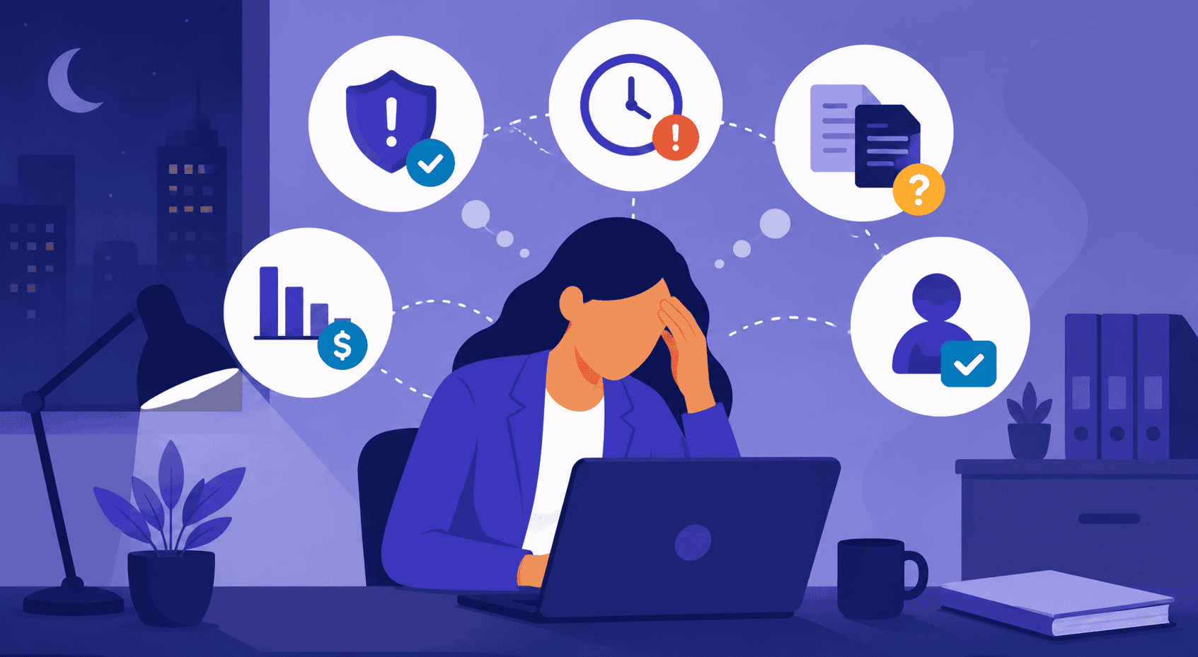 Illustration depicting a person frustrated while working on a laptop, surrounded by icons representing security, time management, data analysis, documents, and user verification.
