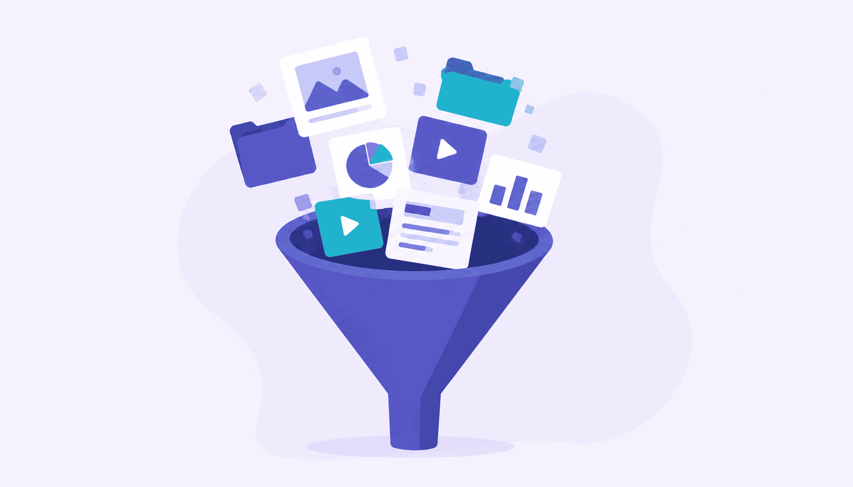 Illustration with content going into a funnel.