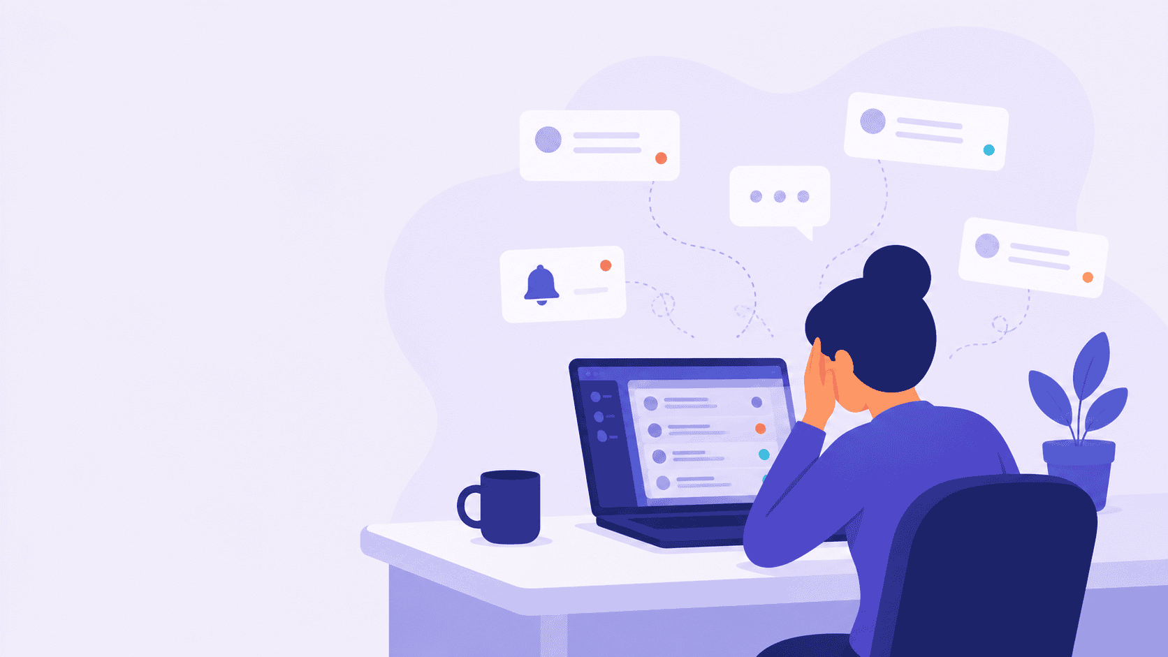Illustration of a woman at a computer who is overwhelmed by status updates.